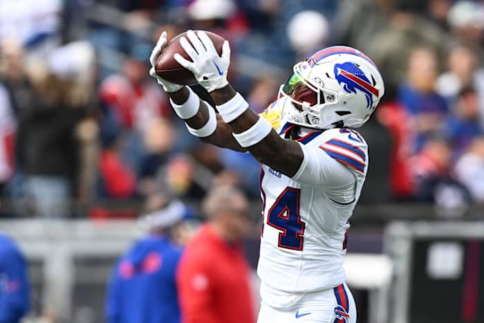 Bills receiver Stefon Diggs makes a catch against the New England Patriots.